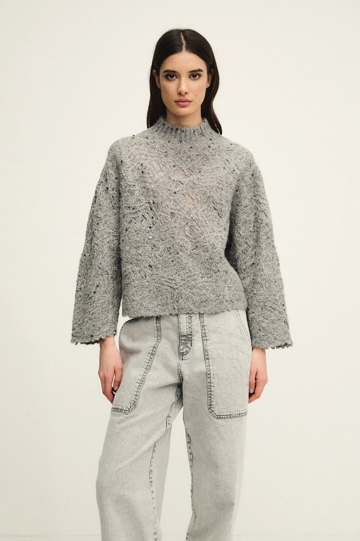 Top embroidery in mélange di alpaca