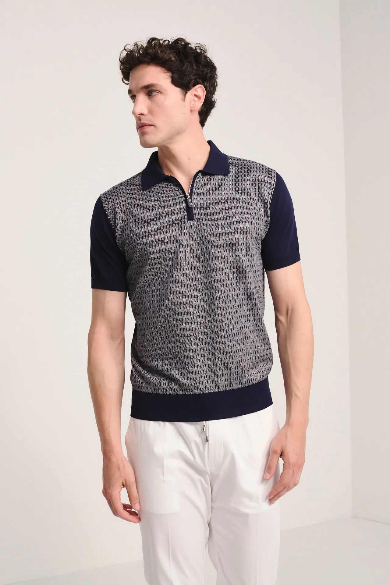 Polo zip in cotone seta motivo "wave"