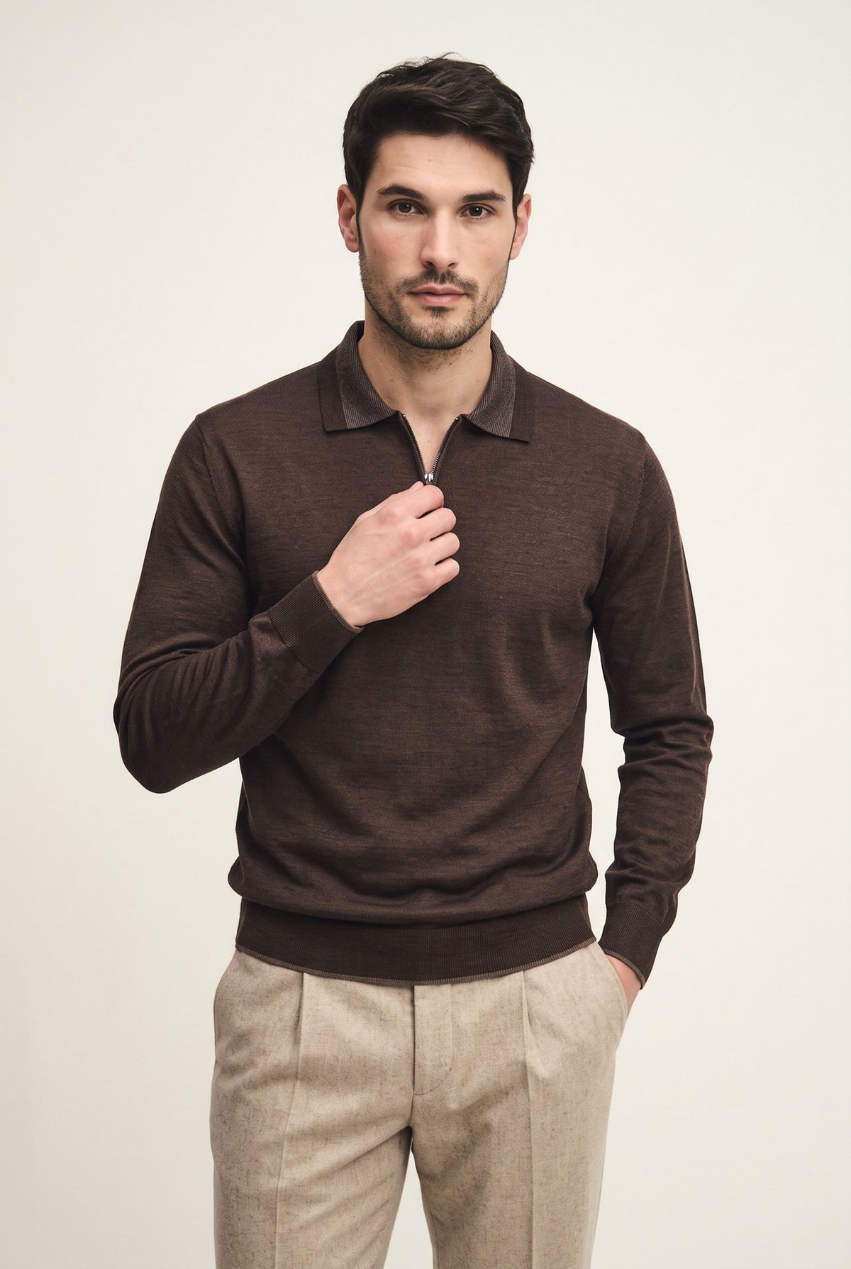 Virgin wool and silk polo shirt with two-tone detail