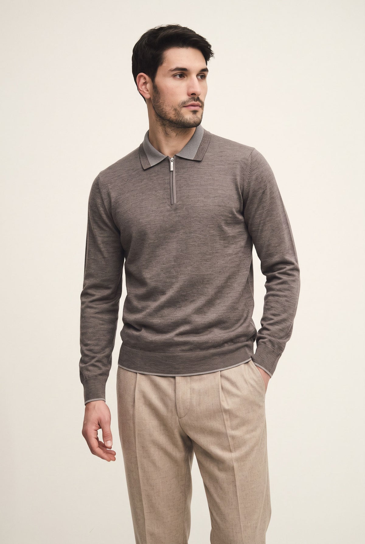 Virgin wool and silk polo shirt with two-tone detail