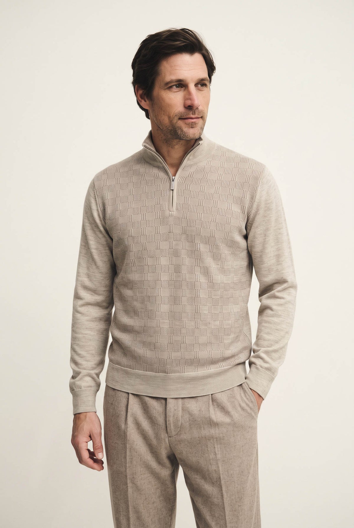 Virgin wool and silk zipped mock neck sweater with jacquard pattern