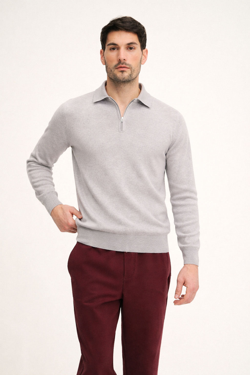 Polo zip in lana, seta e cashmere con dettaglio a contrasto