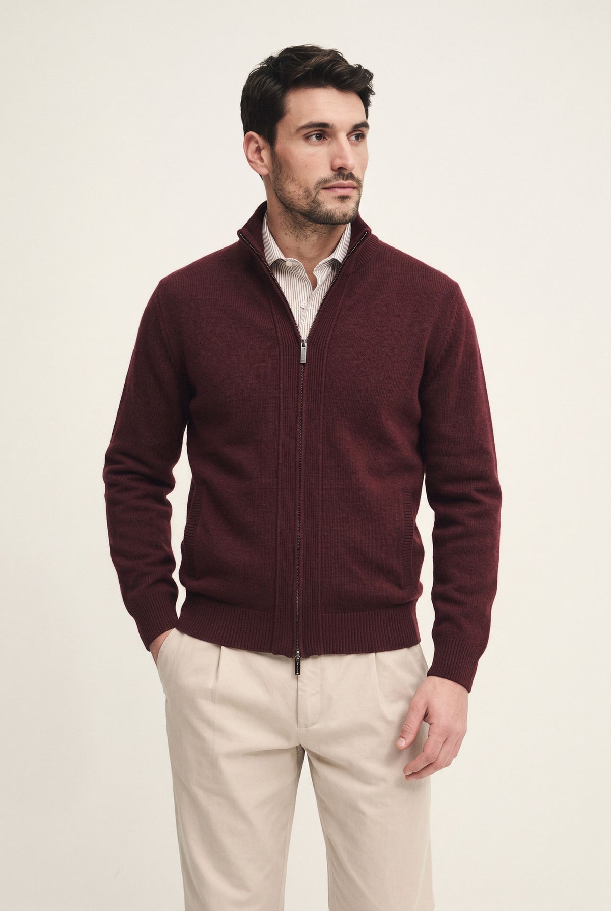 Cardigan collo alto in lana, seta e cashmere con zip