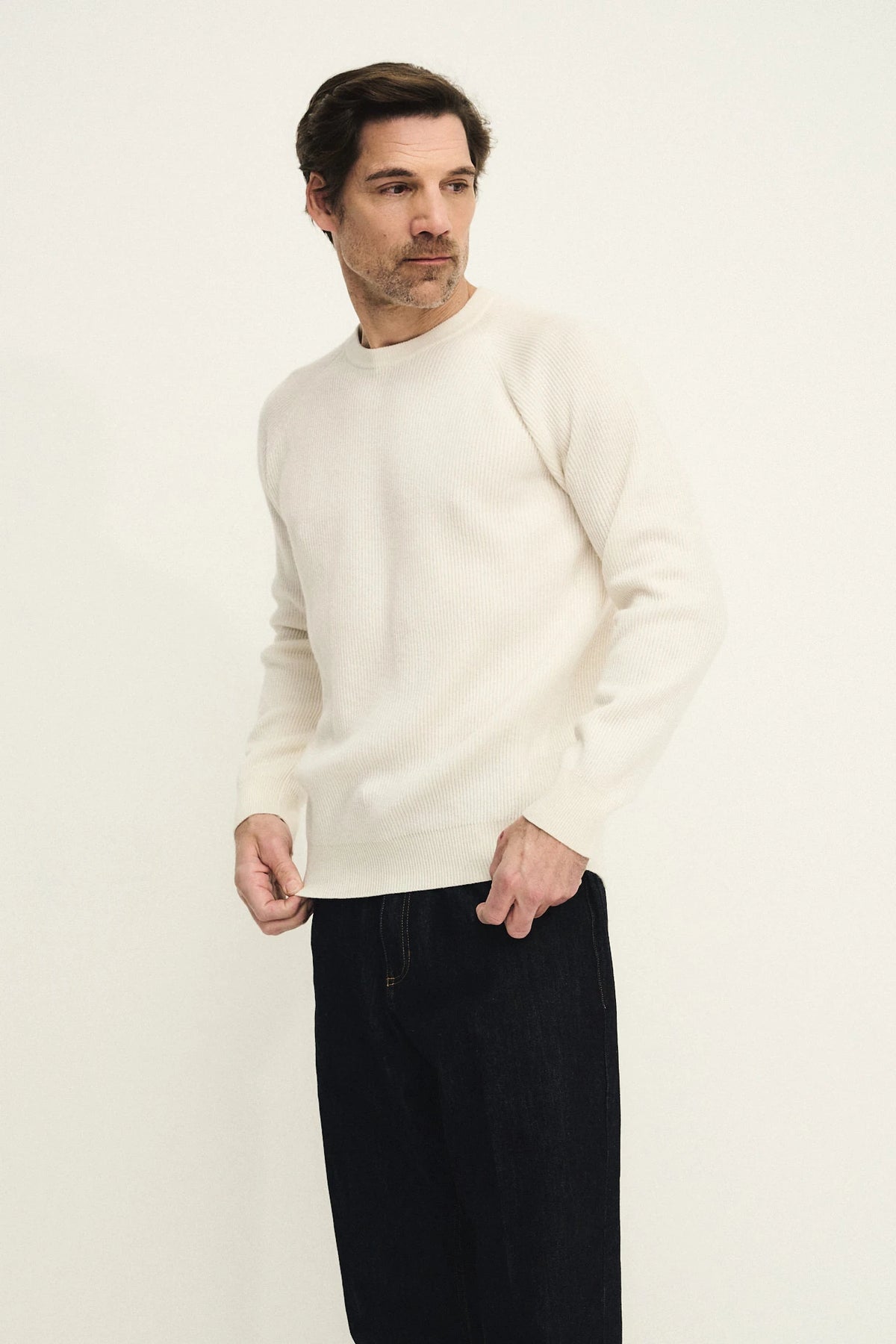 Maglia girocollo con lavorazione maglia inglese in puro cashmere