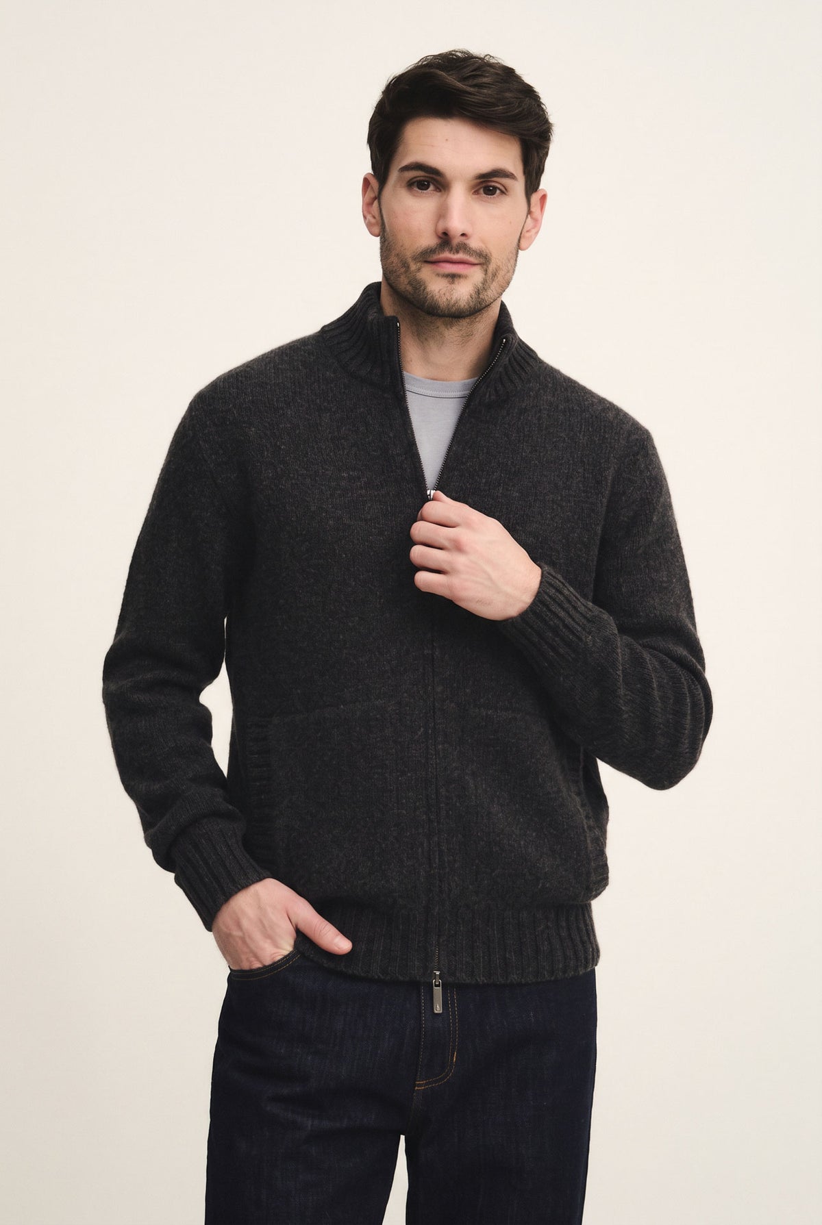Cardigan con chiusura con zip in cashmere rigenerato mélange