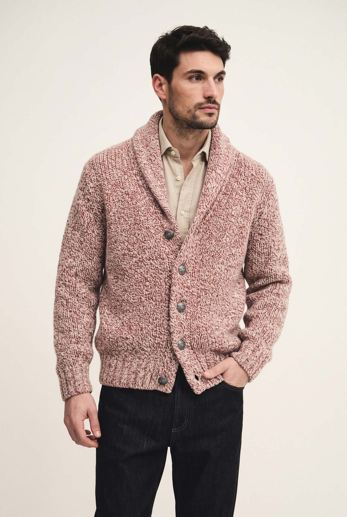 Cardigan collo sciallato in lana e cashmere mouliné con bottoni di metallo