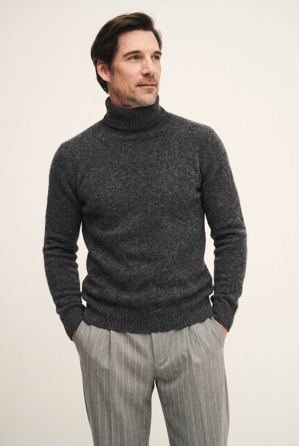 High-neck sweater in stretch wool and alpaca