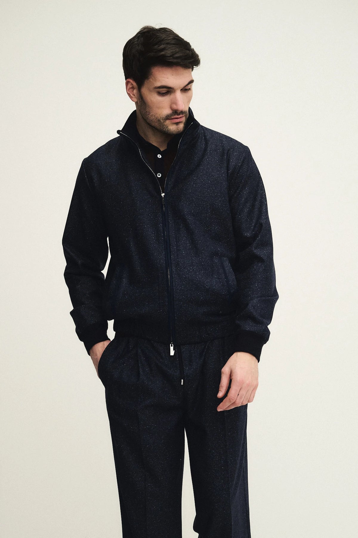 Buttoned wool and silk blouson
