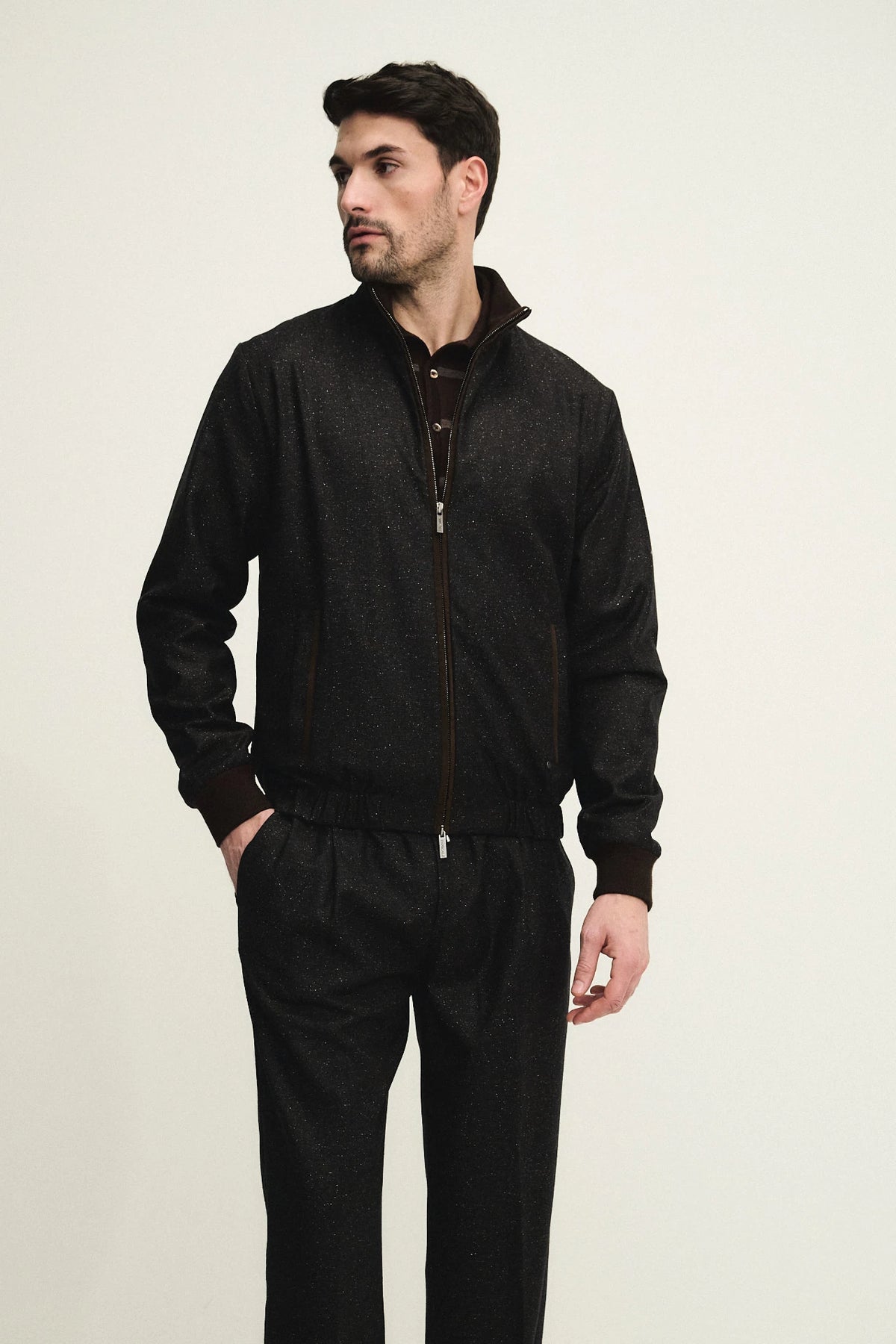 Buttoned wool and silk blouson