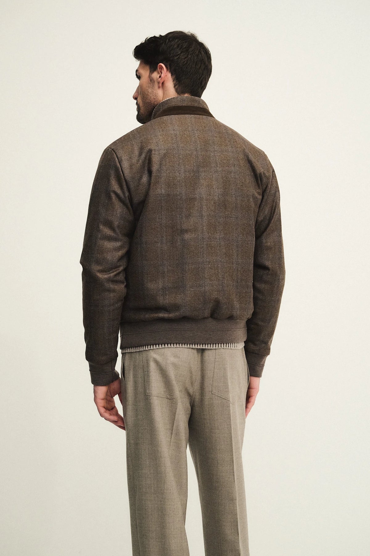 Blouson imbottito in lana con fantasia check e dettagli in alcantara