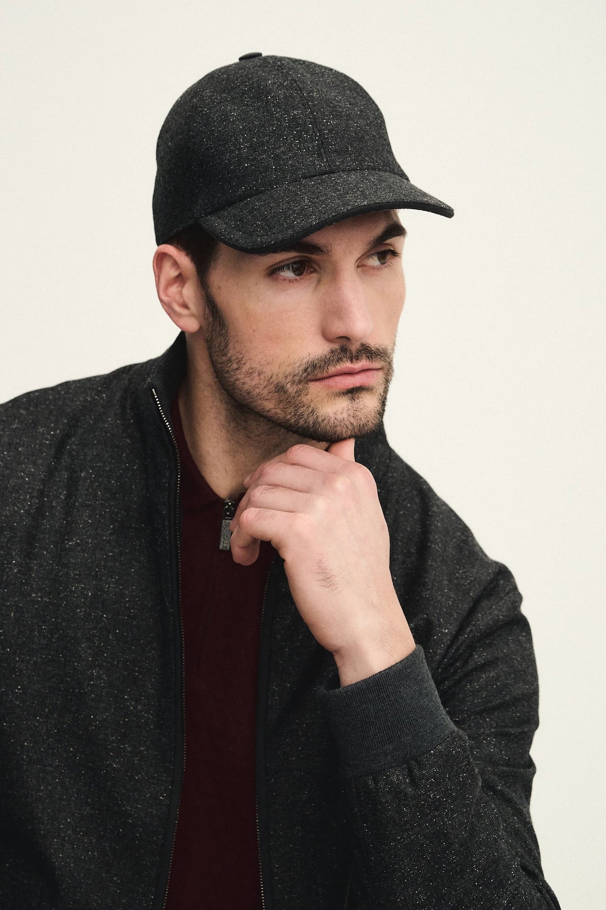 cappello da baseball in tessuto bottonato di lana e seta