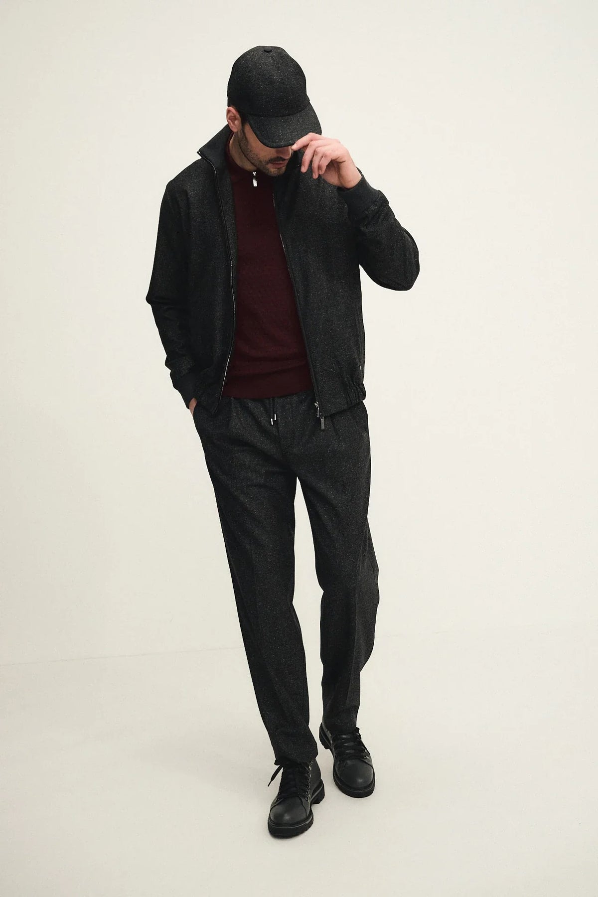 Buttoned wool and silk blouson