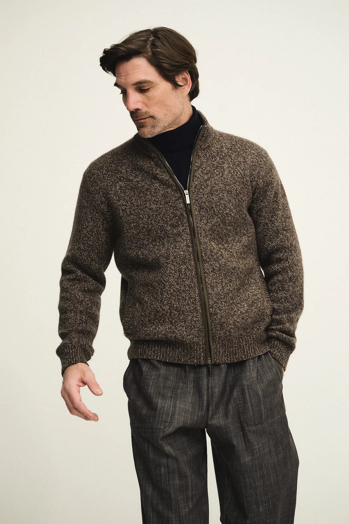 Wool and silk zip-up cardigan with Alcantara details