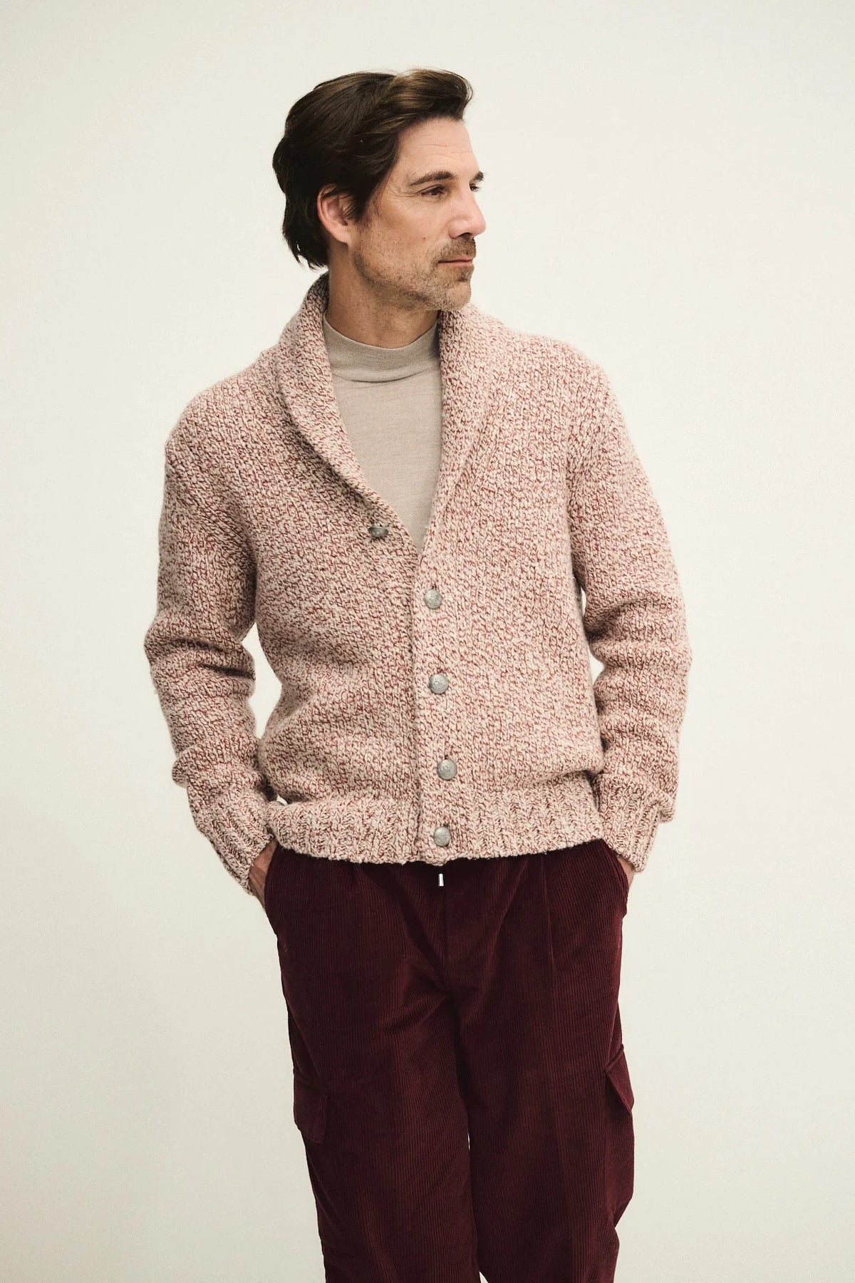 Cardigan collo sciallato in lana e cashmere mouliné con bottoni di metallo